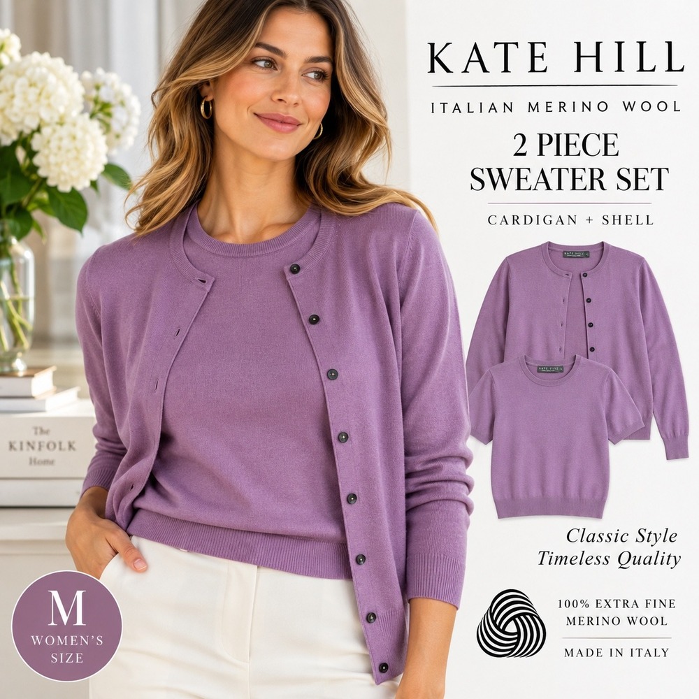 Kate Hill Cardigan Merino Wool Set Womens M Purple Italian 2 Piece Sweater Set